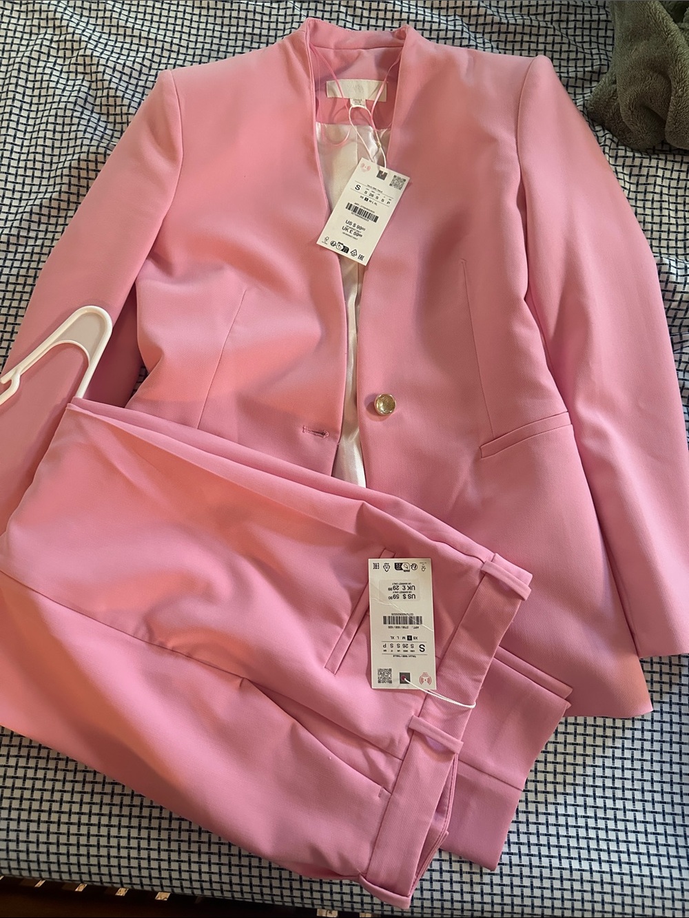 Zara Pink Tailored Trousers with Tan Belt and a matching blazer both size small